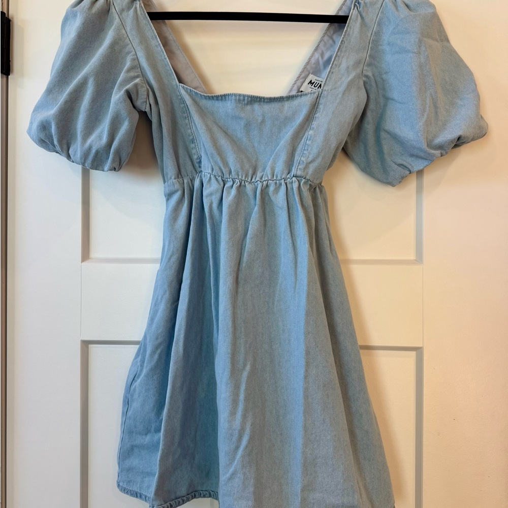 Show Me Your MuMu Light Blue Puff Sleeve Denim-Style Dress | Small
